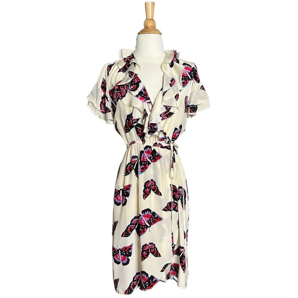 TUCKER White Silk Wrap Dress Butterfly Print Whimsical‎ Fairy Ruffled Size XS